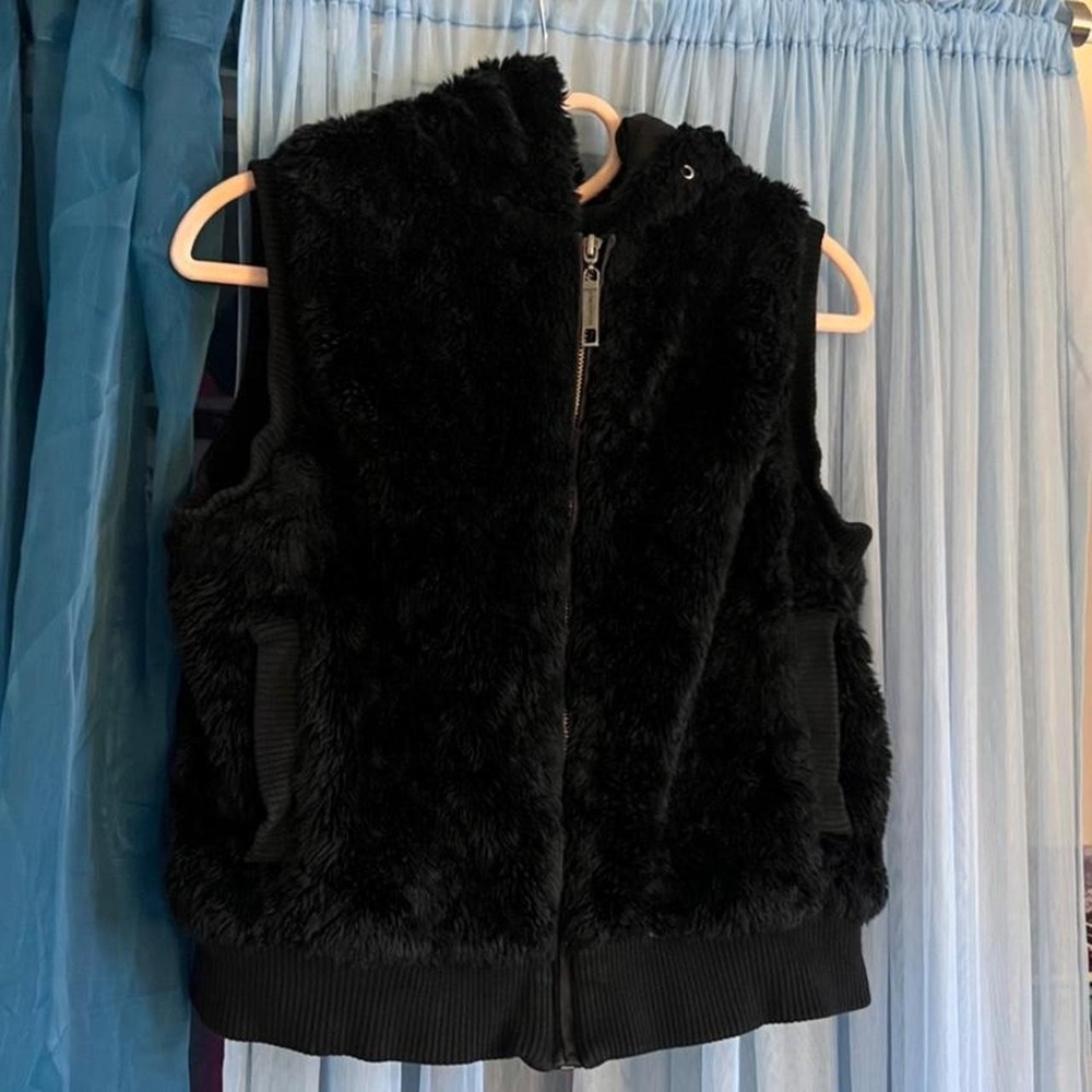 Black Plush Faux Fur Hooded Zip Vest
